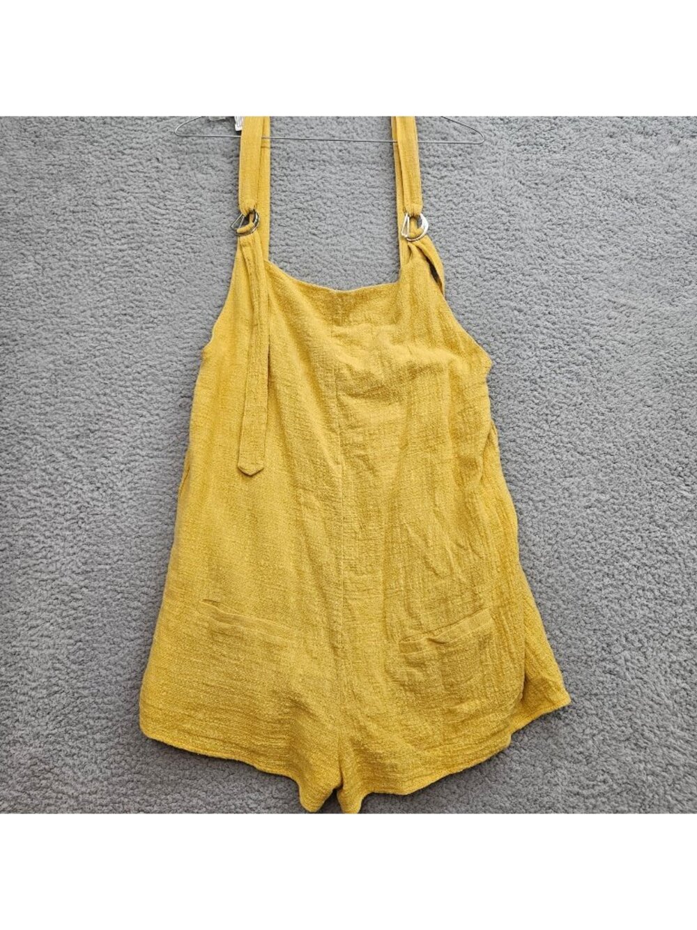 Luxe Yellow Textured Cotton Adjustable Strap Romper Womens Casual Summer Shorts